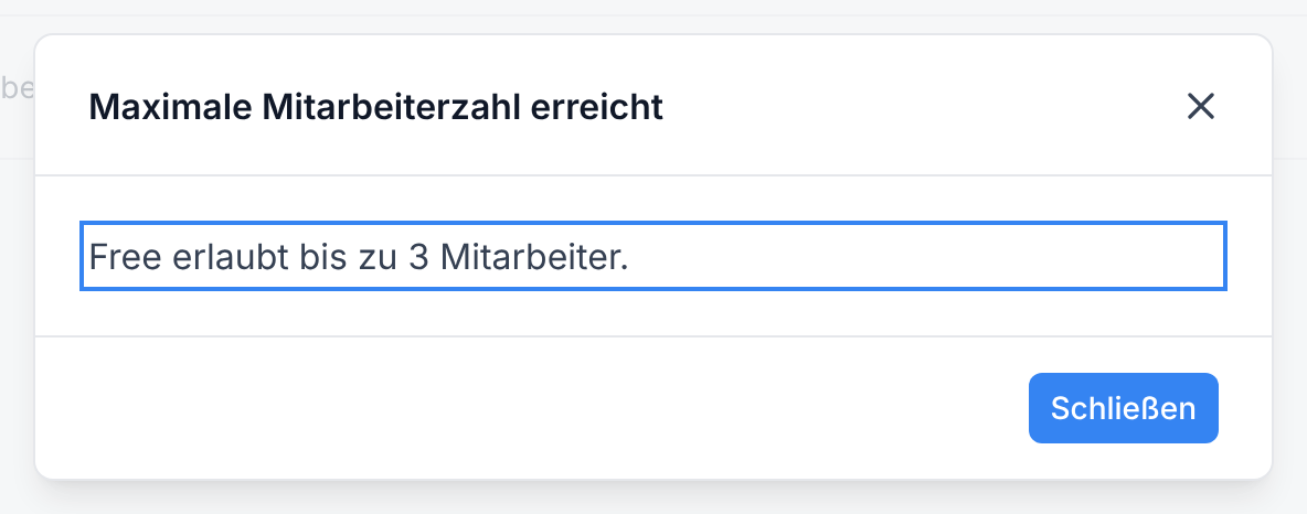 Hinweis beim Erreichen der maximalen Mitarbeiterzahl in Free