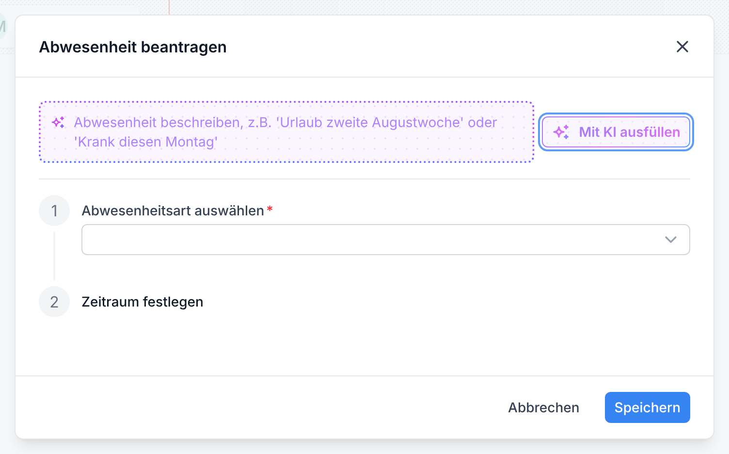 Das KI-Feld oben im Antrag mit der Schaltfläche Mit KI ausfüllen
