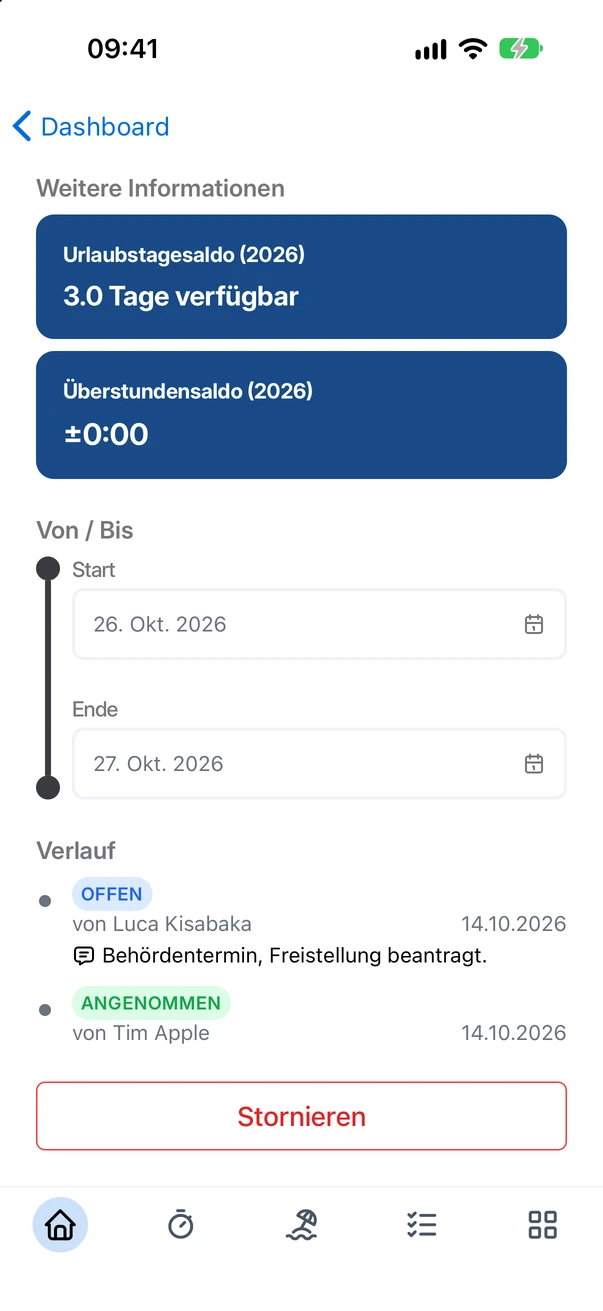 Die Antragsdetails mit der Schaltfläche Stornieren in der App
