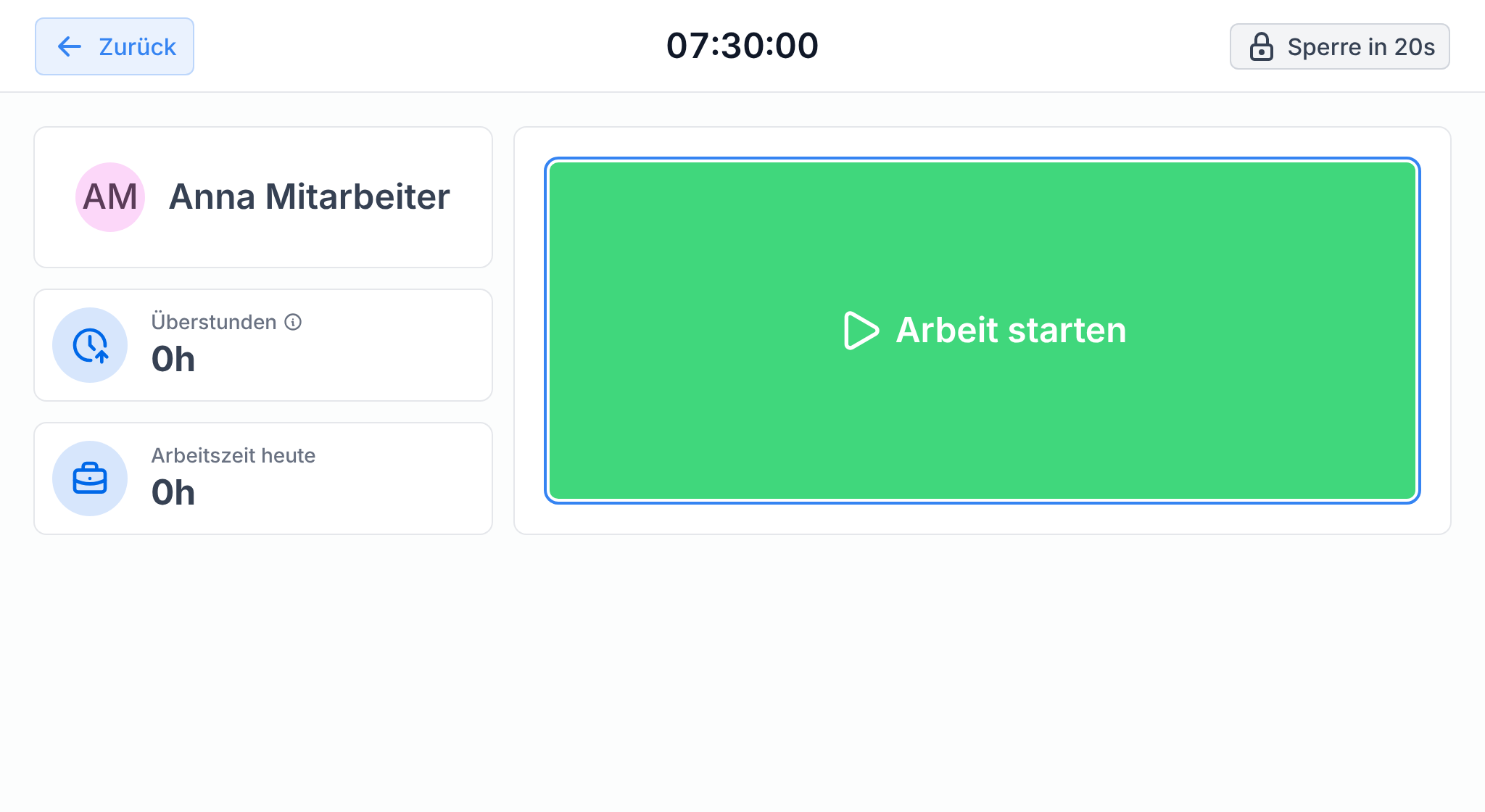Ihre Seite am Kiosk mit der Schaltfläche Arbeit starten
