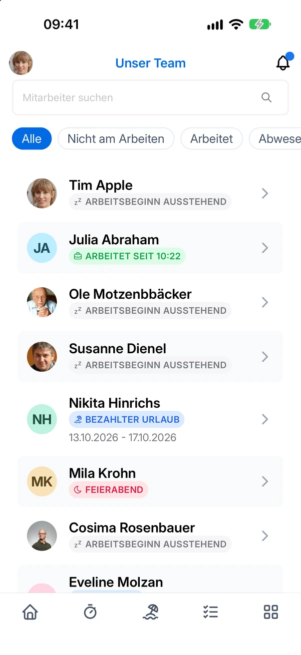 Unser Team in der App mit den Filtern und dem Status unter jedem Namen