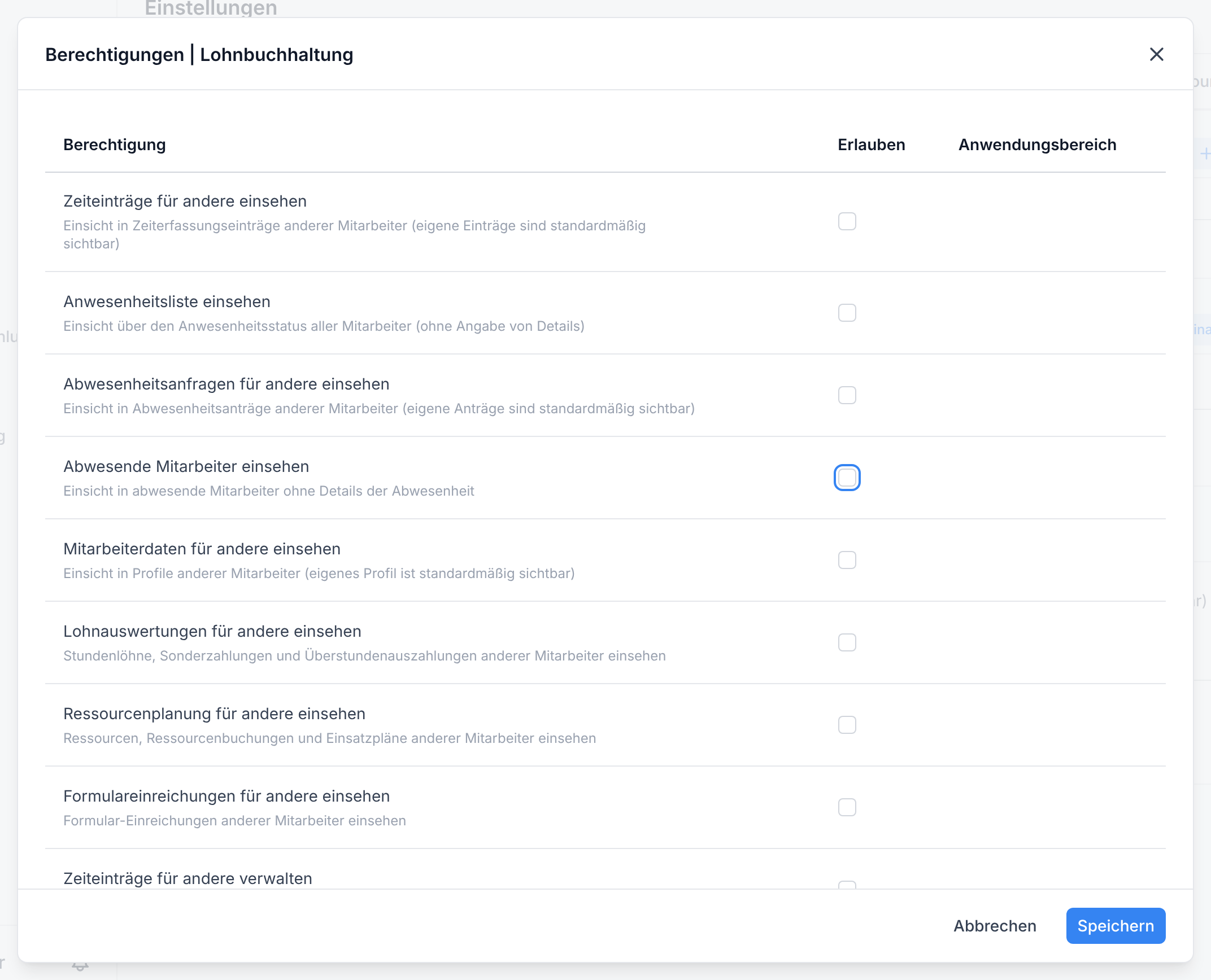 Der Dialog mit den Berechtigungen eines API-Schlüssels