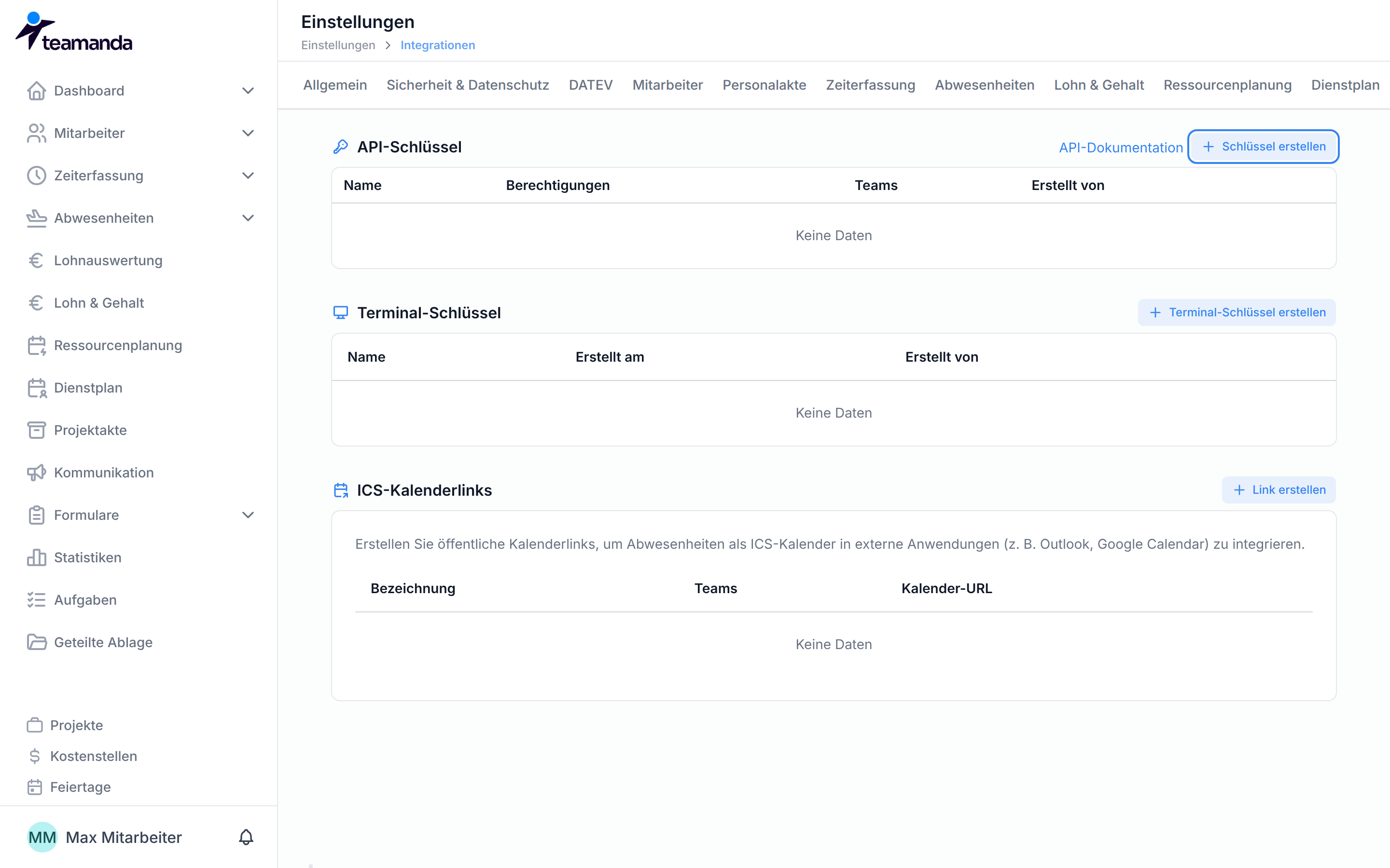 Der Abschnitt API-Schlüssel mit der Schaltfläche Schlüssel erstellen