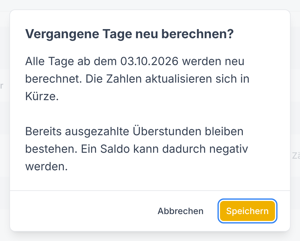 Dialog vor dem Neuberechnen vergangener Tage