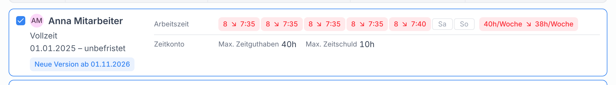 Eine Karte mit den geänderten Tagen und der neuen Wochenarbeitszeit