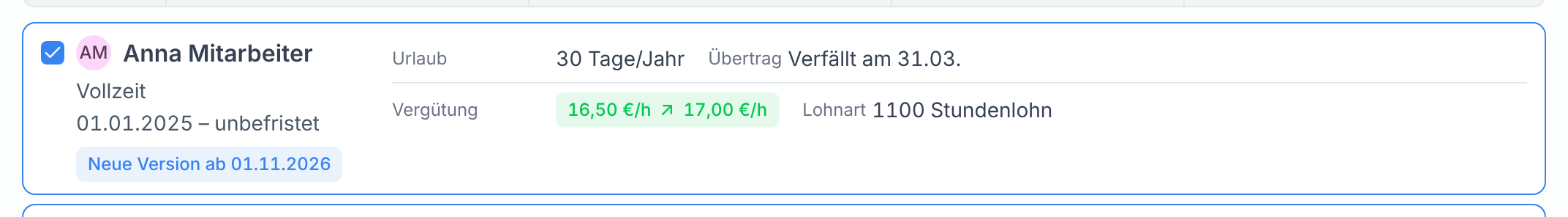 Eine Karte mit dem alten und dem neuen Lohn und dem Hinweis auf die neue Version