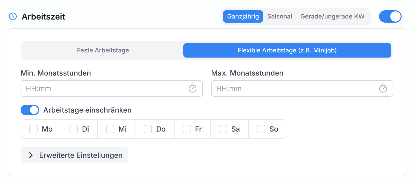 Der Schalter Arbeitstage einschränken mit den Wochentagen bei flexiblen Arbeitstagen