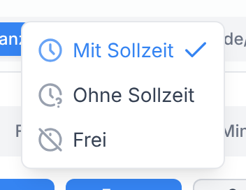 Das Menü eines Wochentags mit Mit Sollzeit, Ohne Sollzeit und Frei