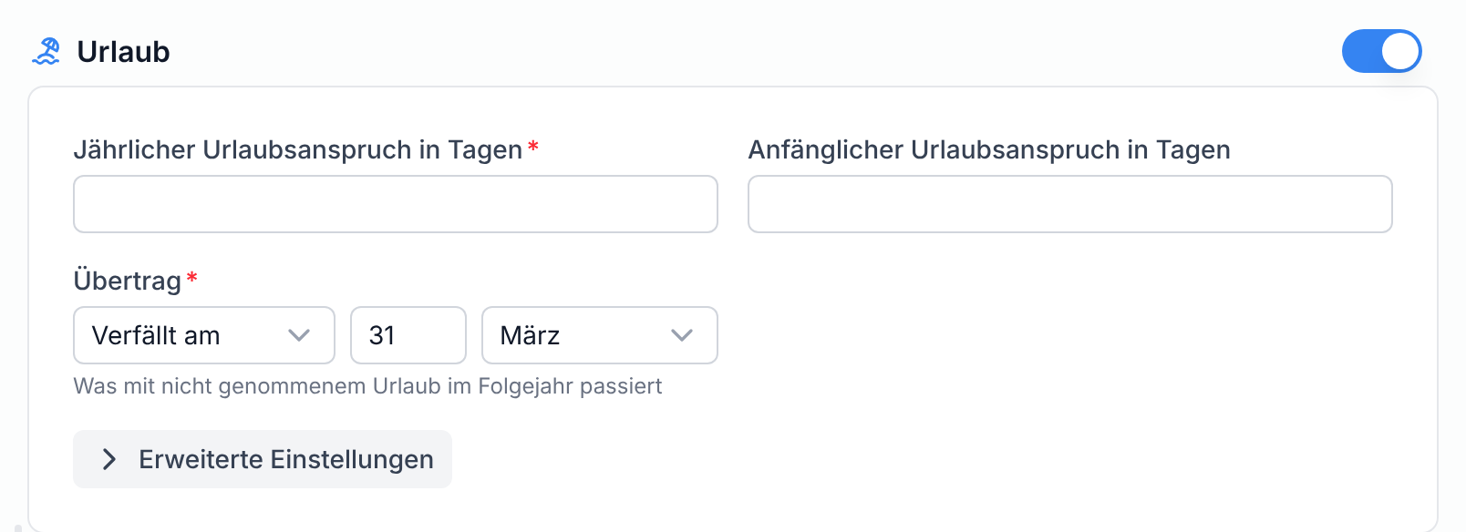 Der Abschnitt Urlaub mit Jahresanspruch und Übertrag