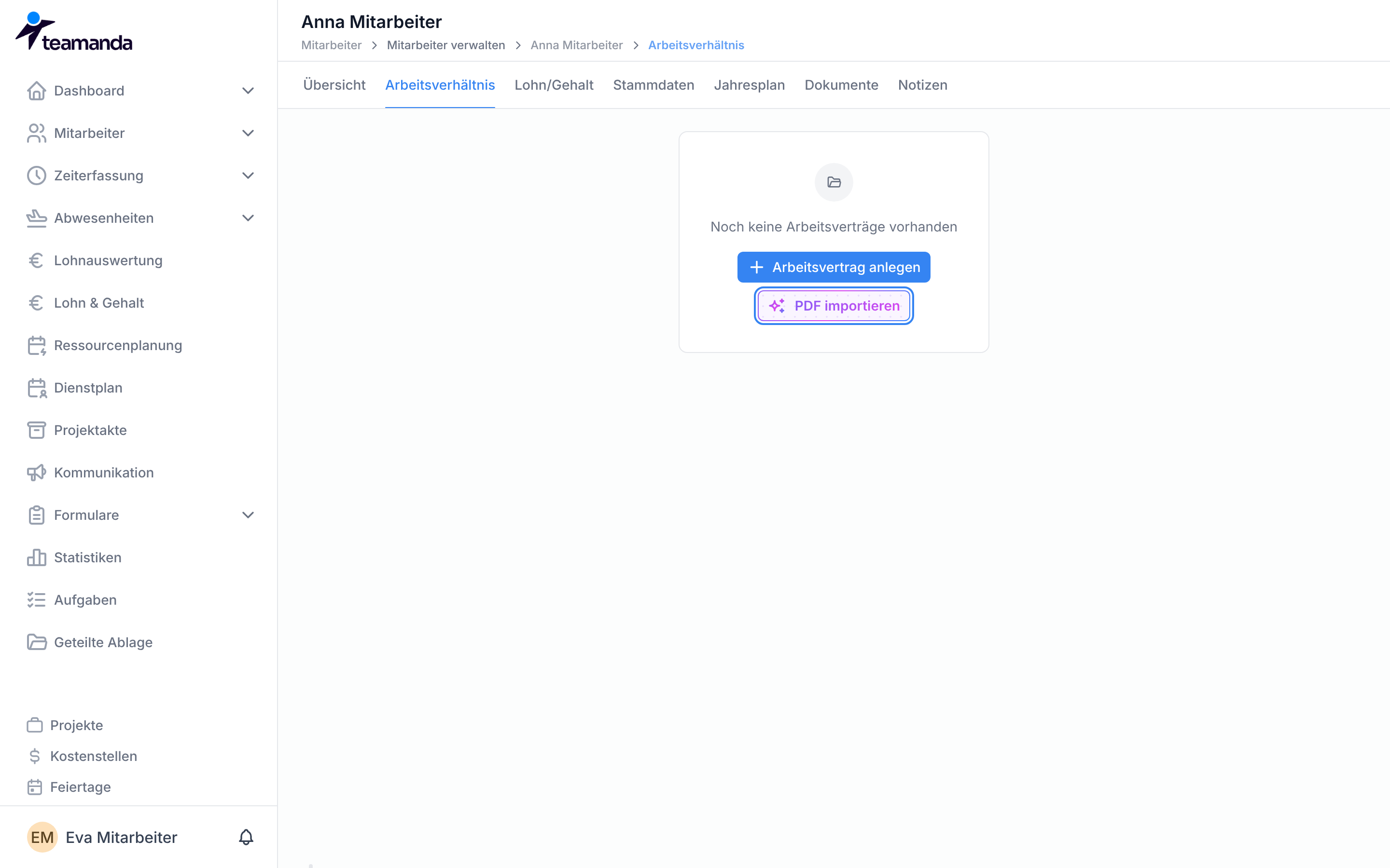 Das Arbeitsverhältnis mit der Schaltfläche PDF importieren