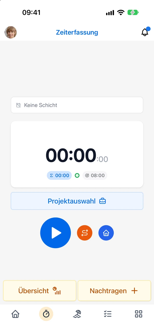 Die Zeiterfassung in der App mit der Schaltfläche Projektauswahl