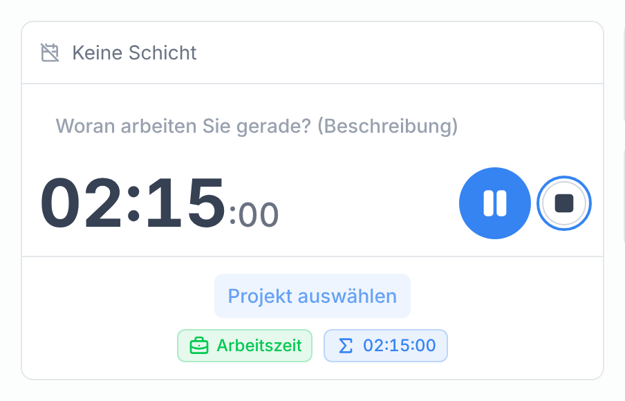Die laufende Arbeitszeit mit Pausen- und Stoppknopf