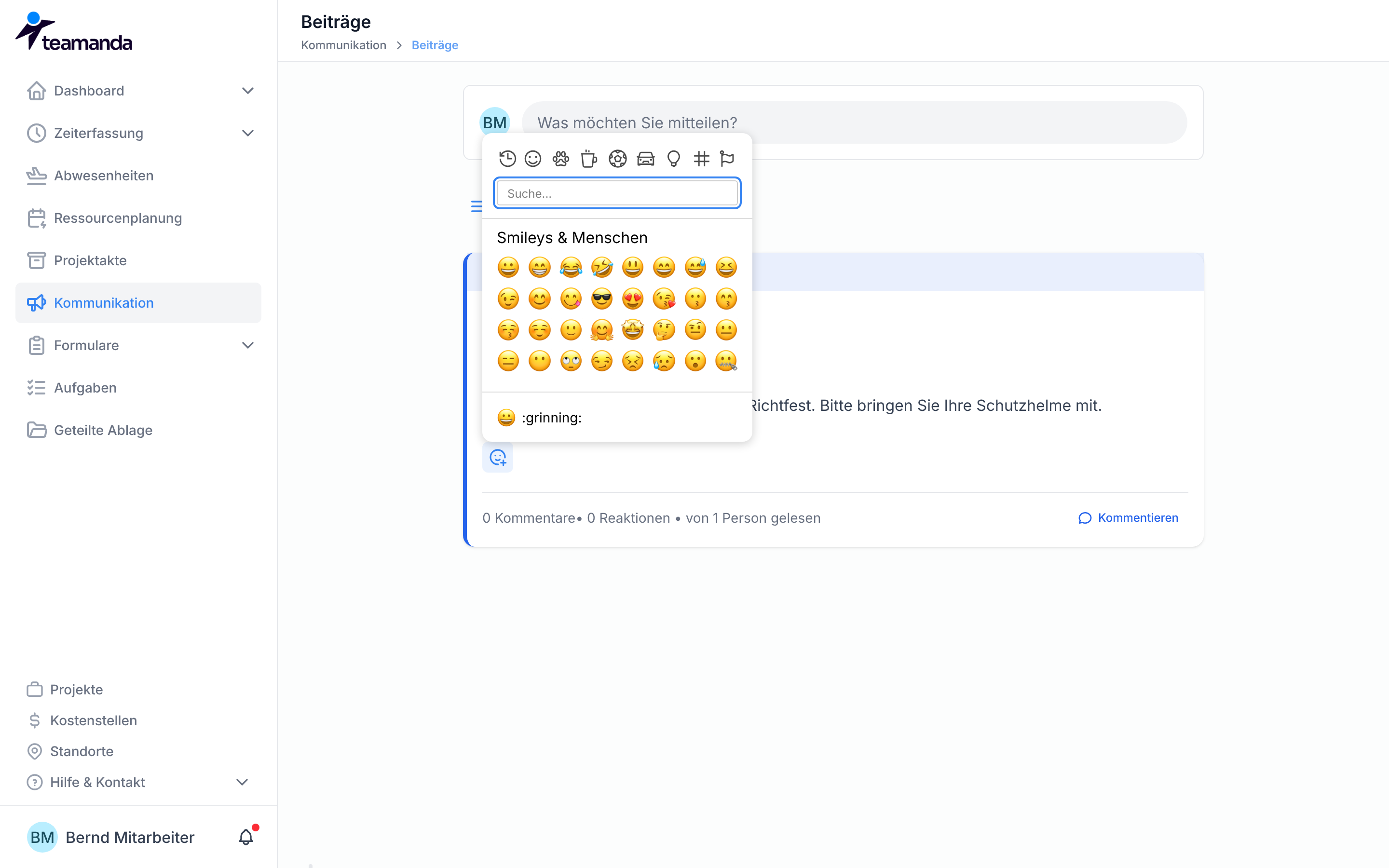 Die Emoji-Auswahl mit dem Suchfeld Suche...