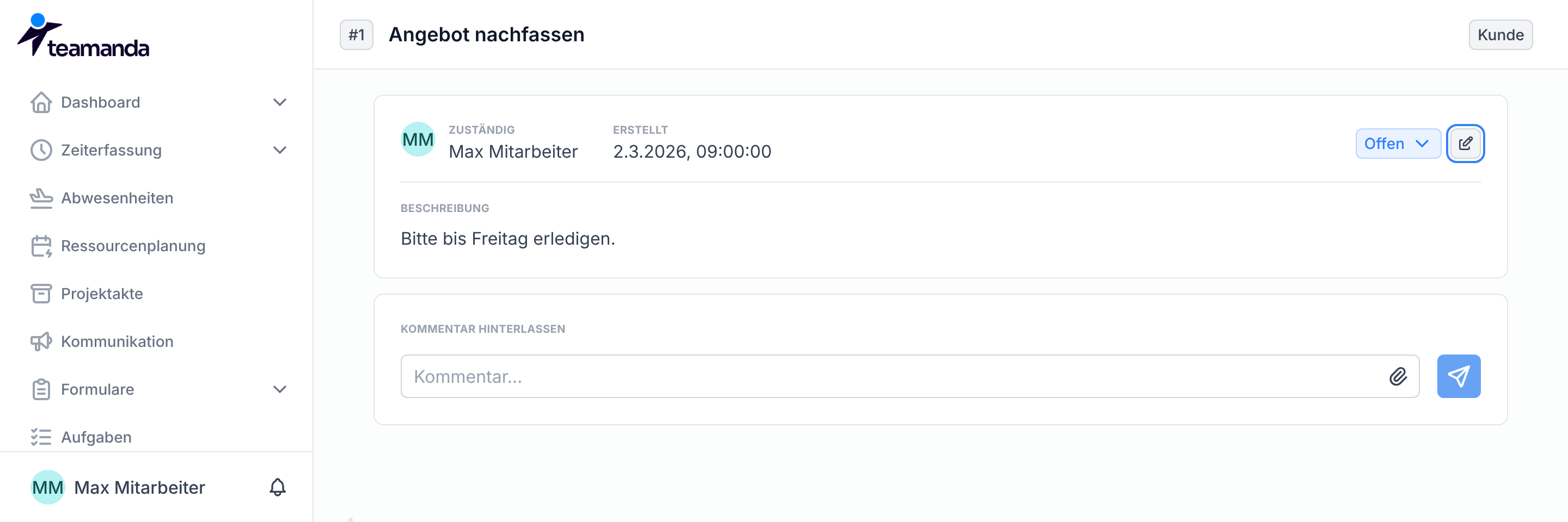 Die Aufgabe mit dem Stift-Symbol neben dem Status