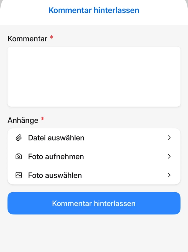 Das Fenster Kommentar hinterlassen in der App