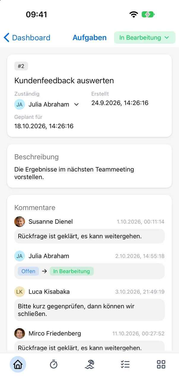 Eine Aufgabe in der App mit dem Namen unter Zuständig