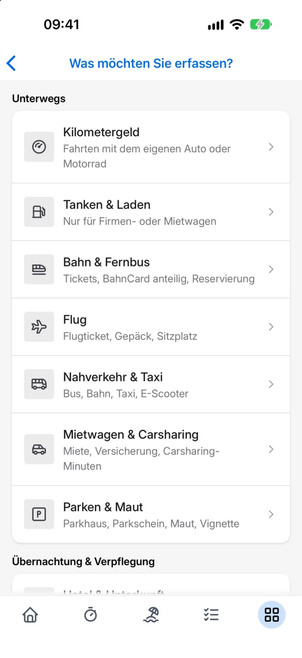 Die Auswahl der Ausgabenkategorie in der App