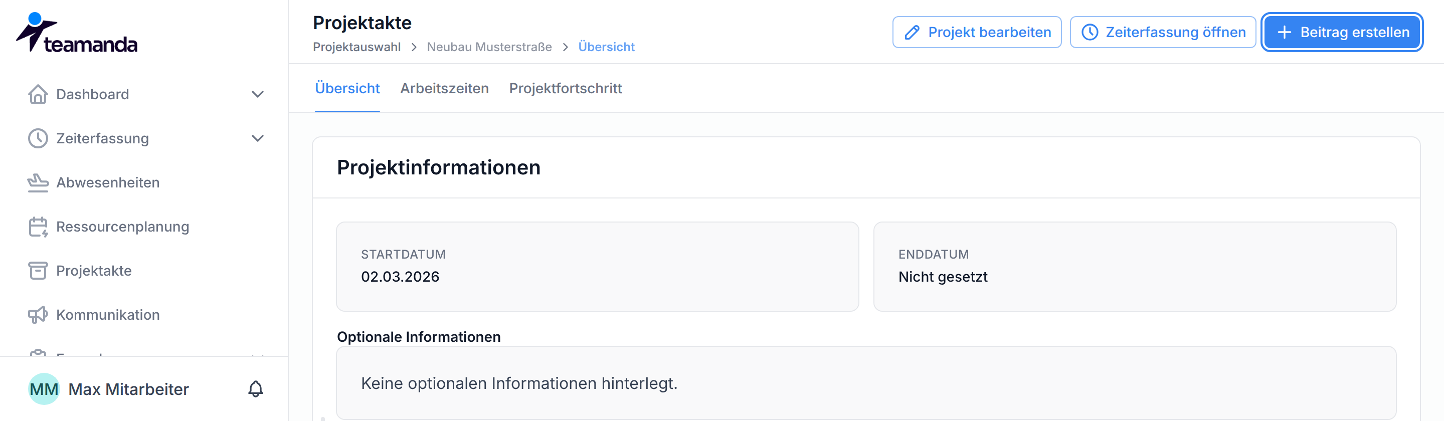 Die Projektakte eines Projekts mit der Schaltfläche Beitrag erstellen