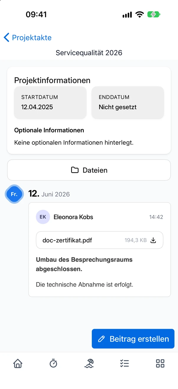 Ein Projekt der Projektakte in der App mit der Schaltfläche Beitrag erstellen