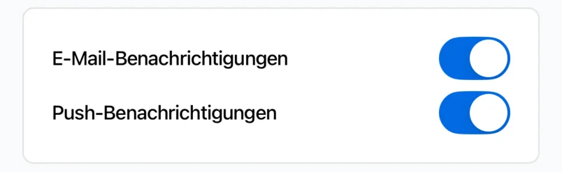 Die Einstellungen in der App mit den Schaltern E-Mail-Benachrichtigungen und Push-Benachrichtigungen