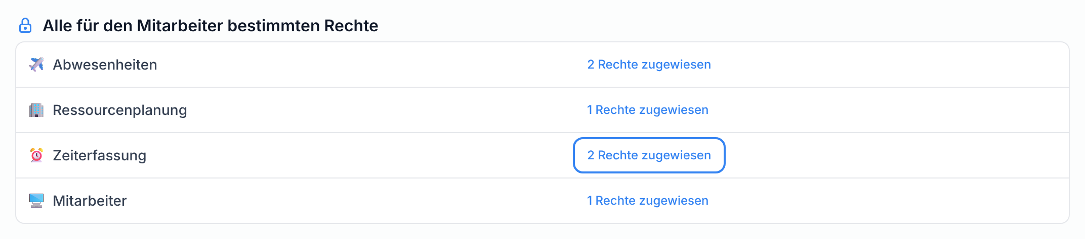 Die Rechte eines Mitarbeiters, je App eine Zeile mit der Anzahl der zugewiesenen Rechte