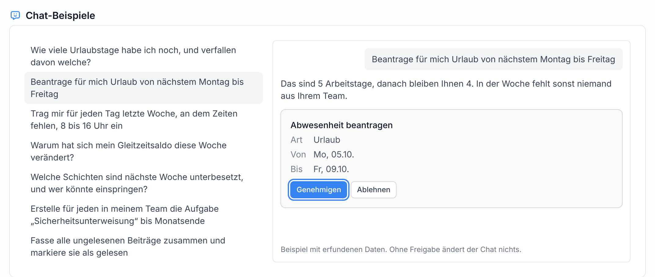 Die Karte Chat-Beispiele mit einer Beispielfrage, der Antwort und der Frage Abwesenheit beantragen mit Genehmigen und Ablehnen