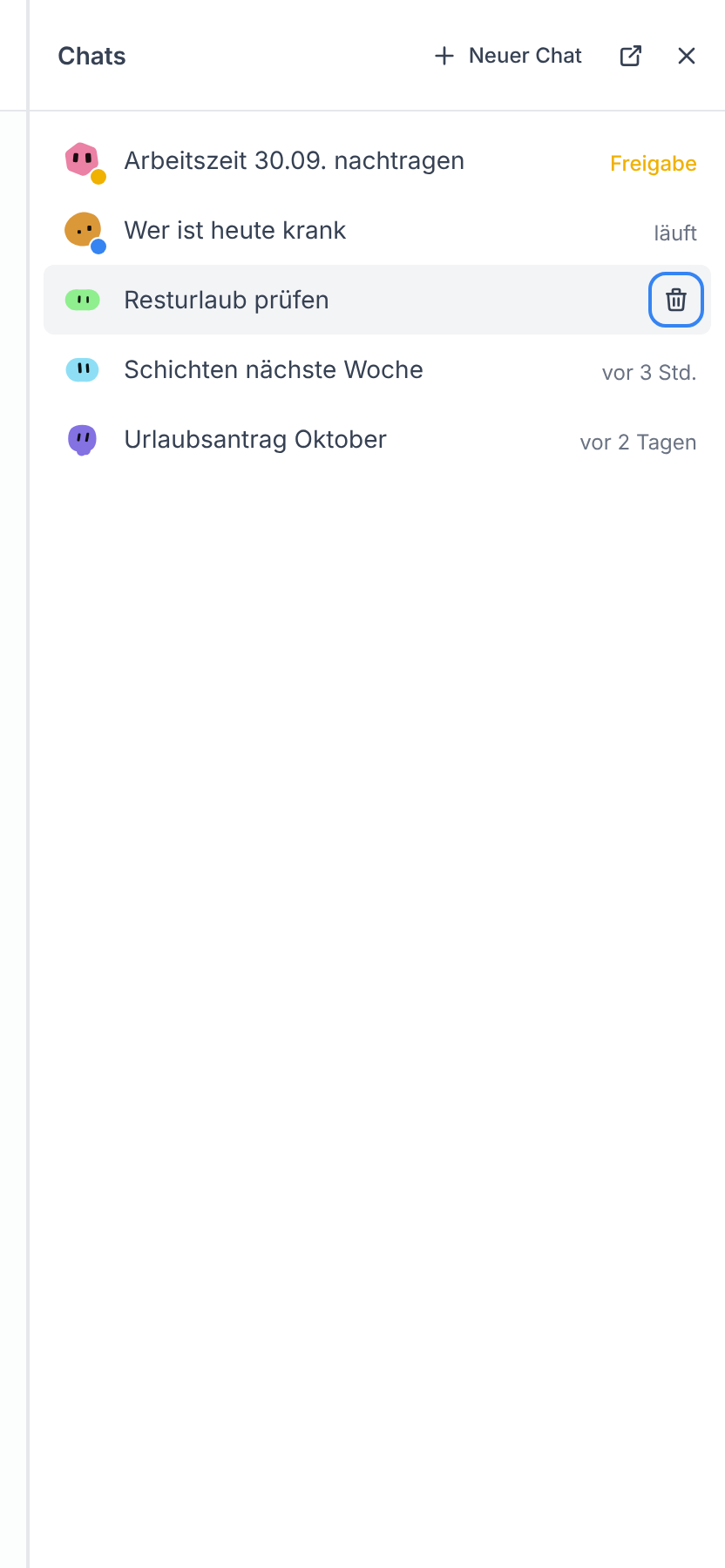 Die Übersicht aller Chats mit dem Knopf Chat löschen in einer Zeile