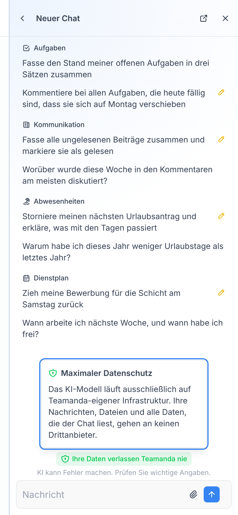 Ihre Daten verlassen Teamanda nie über dem Feld Nachricht, darüber die Erklärung Maximaler Datenschutz
