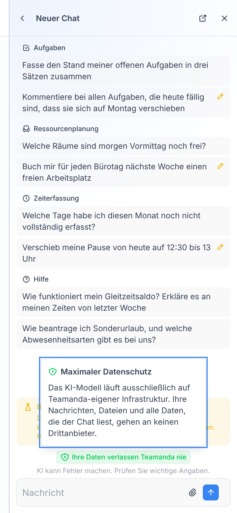 Der Hinweis Ihre Daten verlassen Teamanda nie über dem Feld Nachricht, darüber die Erklärung Maximaler Datenschutz