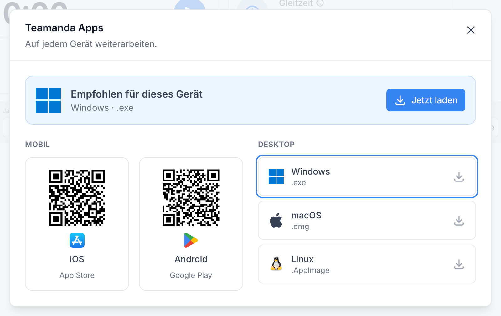 Das Fenster Teamanda Apps mit den Downloads für Windows, macOS und Linux