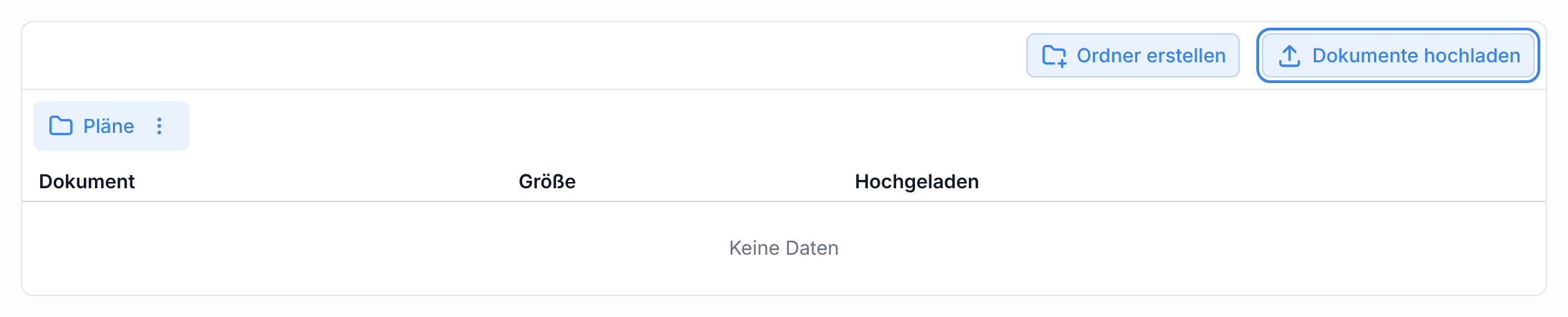 Die Dokumente in der Übersicht mit der Schaltfläche Dokumente hochladen