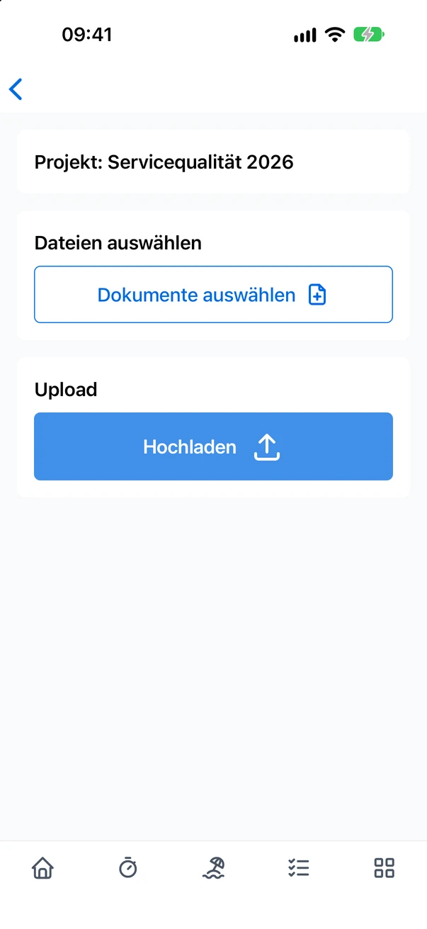 Der Upload in der App mit Dokumente auswählen und Hochladen