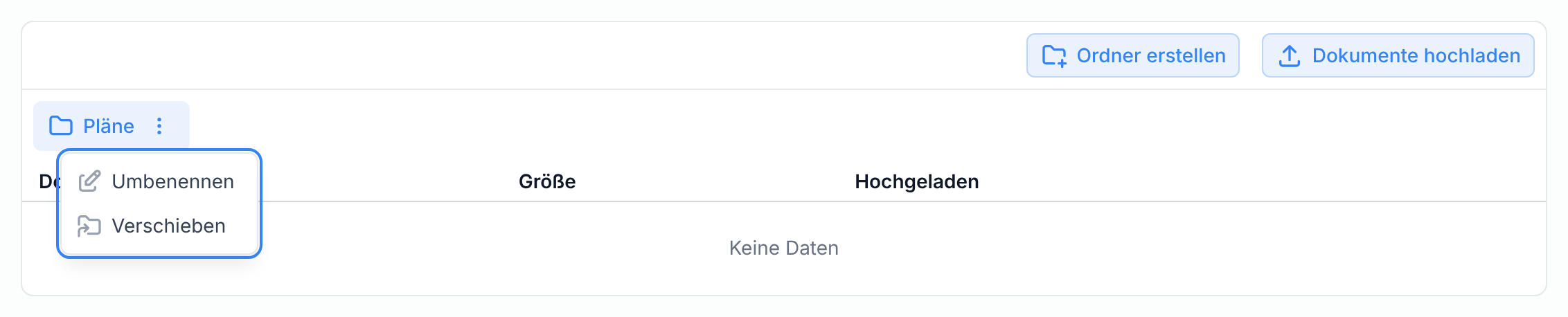 Das Menü eines Ordners mit Umbenennen und Verschieben