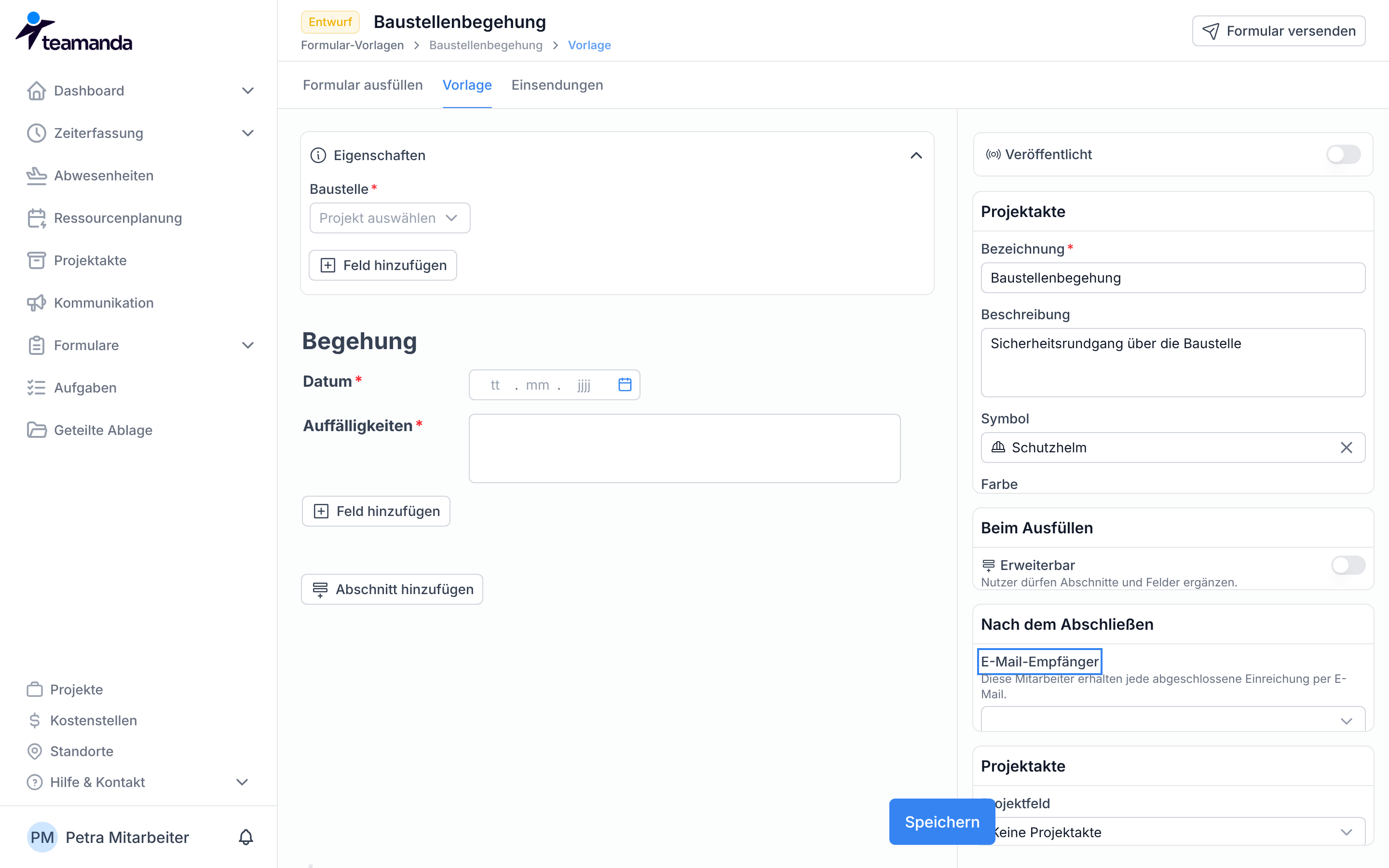 Die rechte Seitenleiste mit dem Eintrag E-Mail-Empfänger