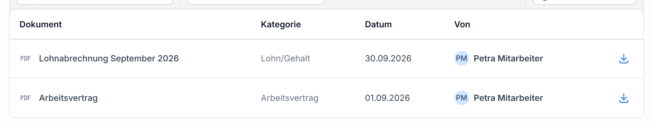 Meine Dokumente mit Suche, Kategorie und der Liste der Dokumente