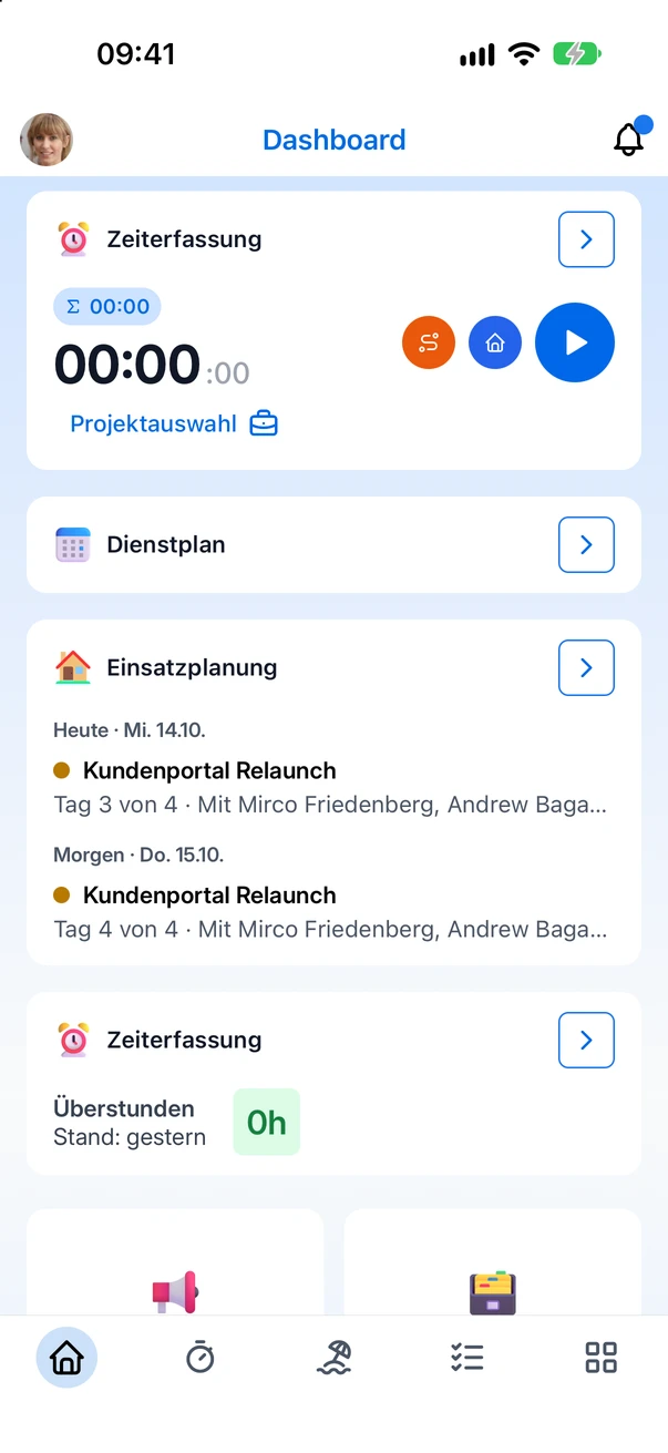 Das Dashboard-Widget Einsatzplanung mit den Einsätzen von heute und morgen