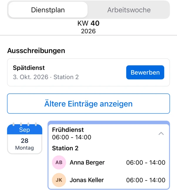 Die Liste Dienstplan mit den Schichten der Woche