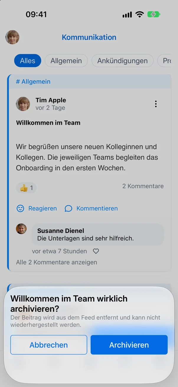 Die App erklärt vor dem Archivieren, dass der Beitrag nicht wiederhergestellt werden kann