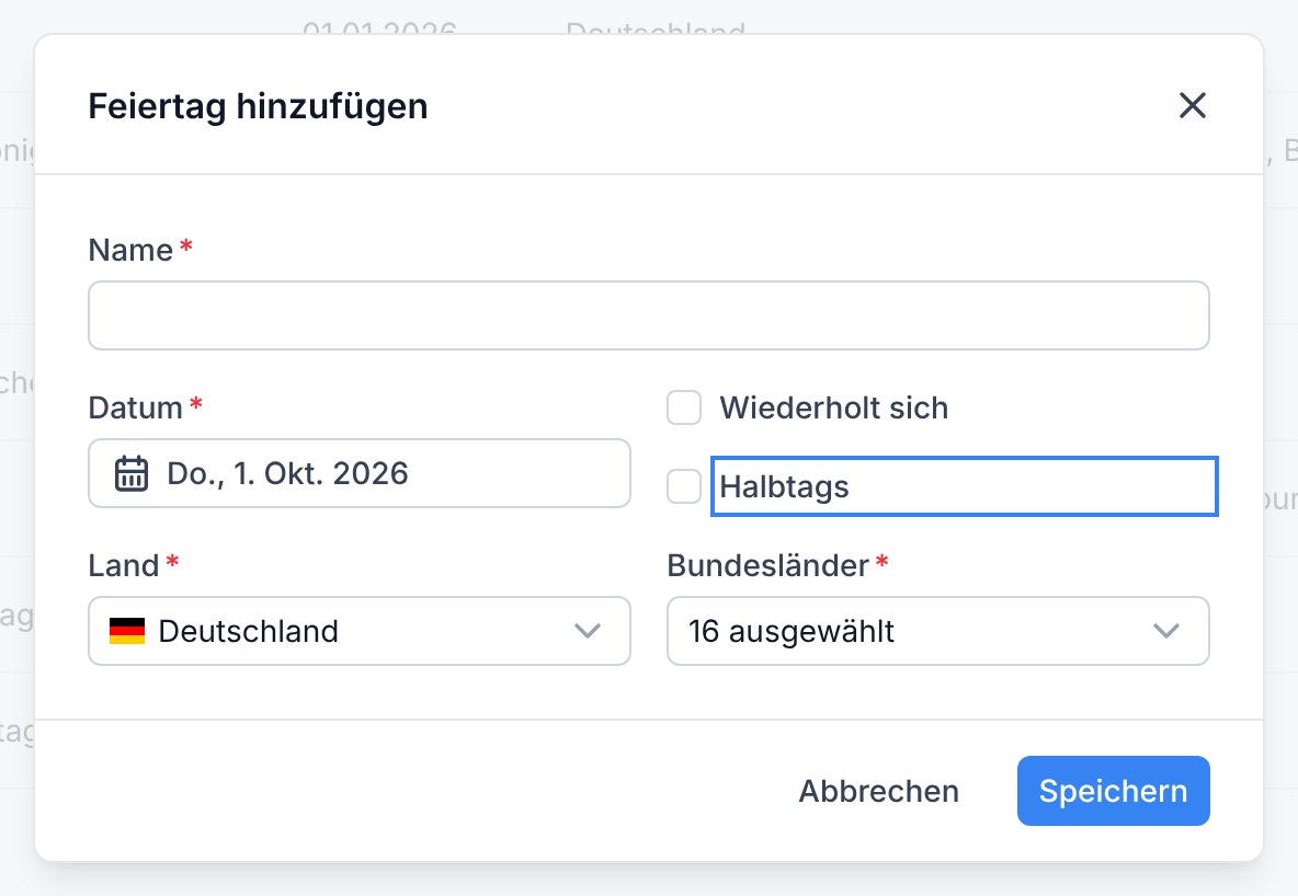 Der Dialog Feiertag hinzufügen