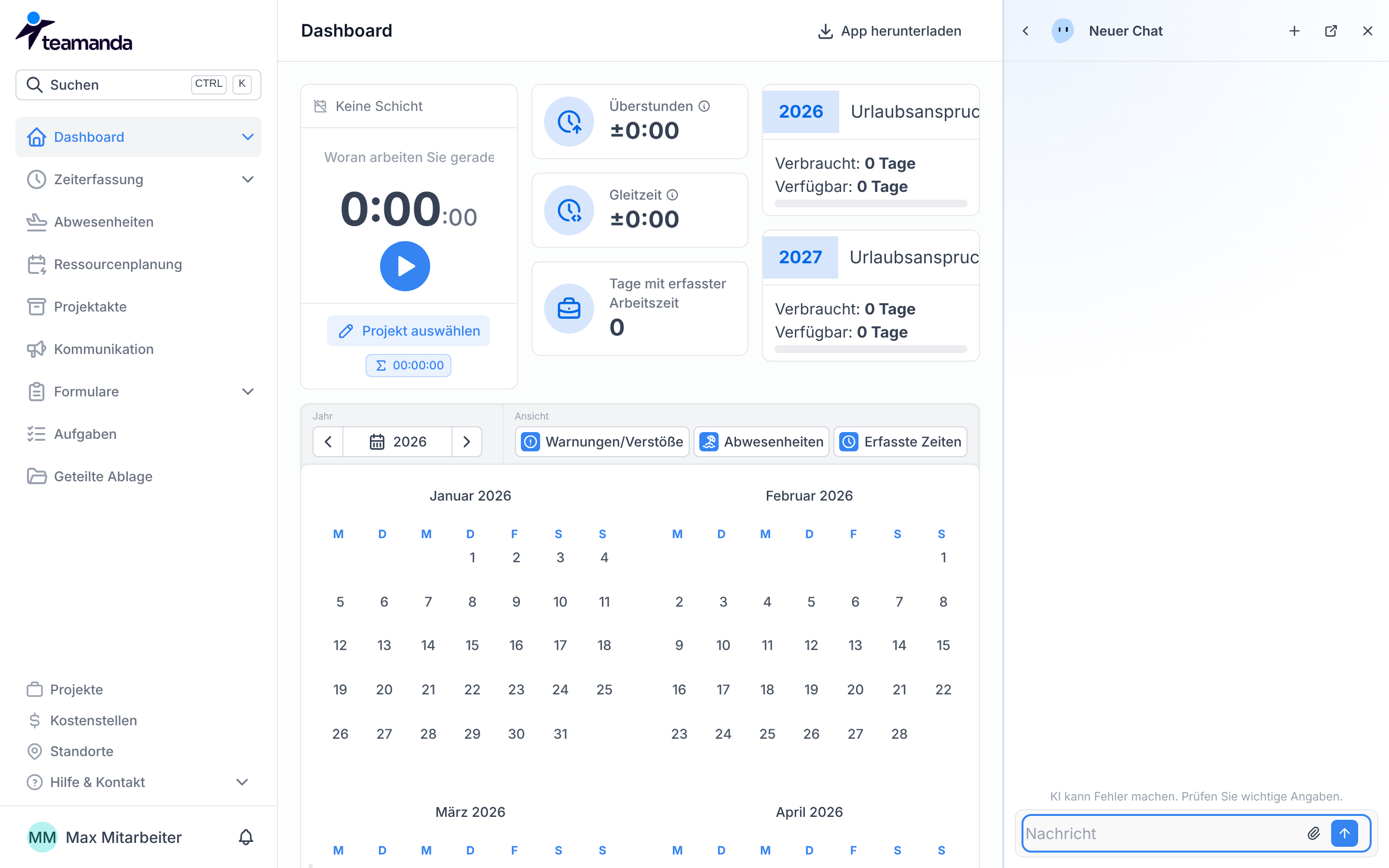 Der Chat rechts neben dem Dashboard mit dem leeren Feld Nachricht