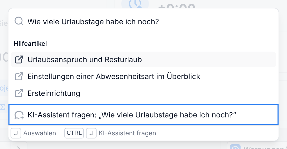 Die Suche mit einer Frage, passenden Hilfeartikeln und der Zeile KI-Assistent fragen