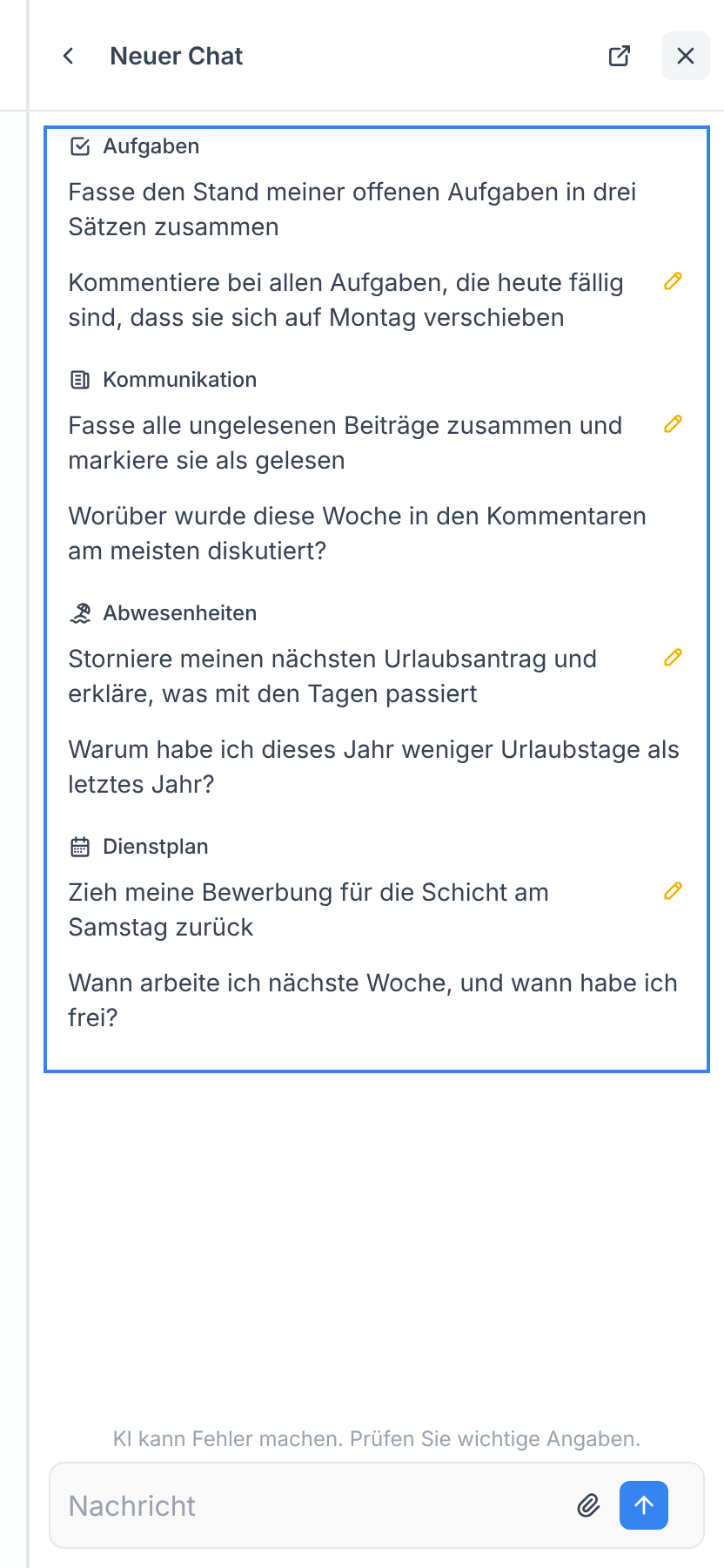 Vorschläge im neuen Chat, nach App geordnet