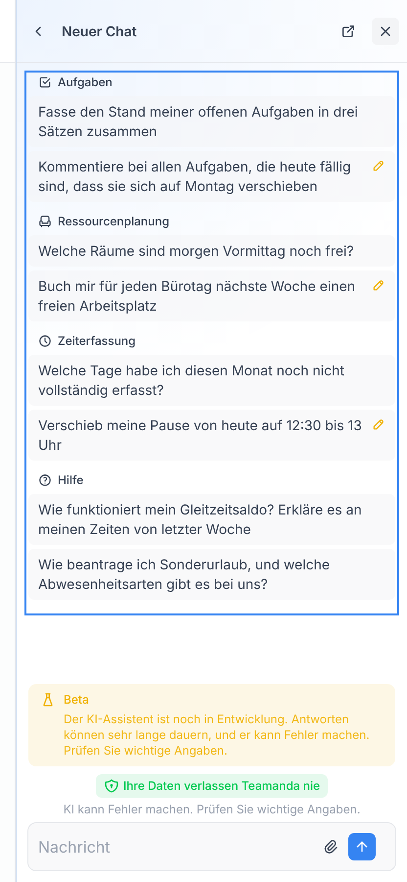 Vorschläge im neuen Chat, nach App geordnet