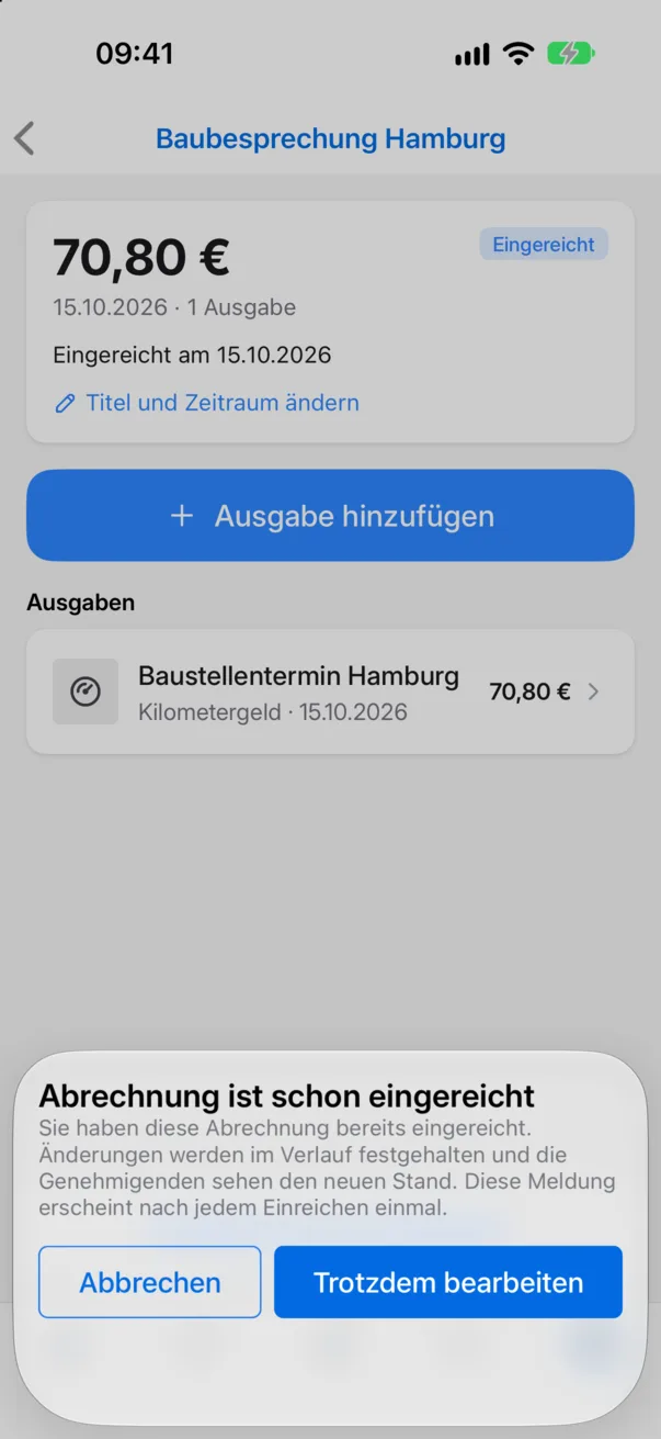 Der Hinweis Abrechnung ist schon eingereicht in der App