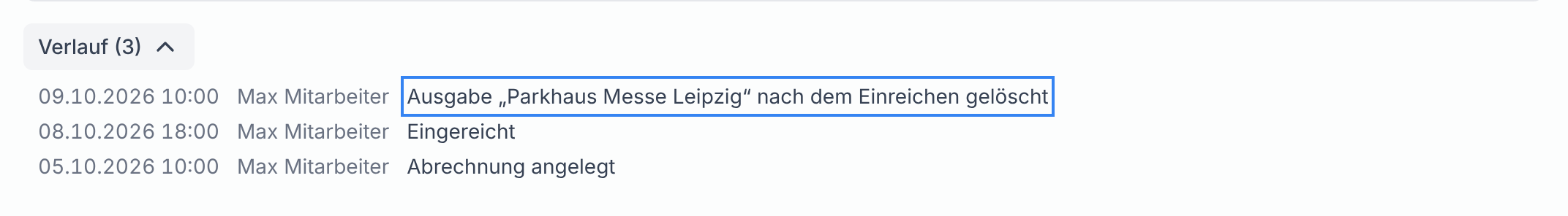 Der Verlauf mit einer nach dem Einreichen gelöschten Ausgabe