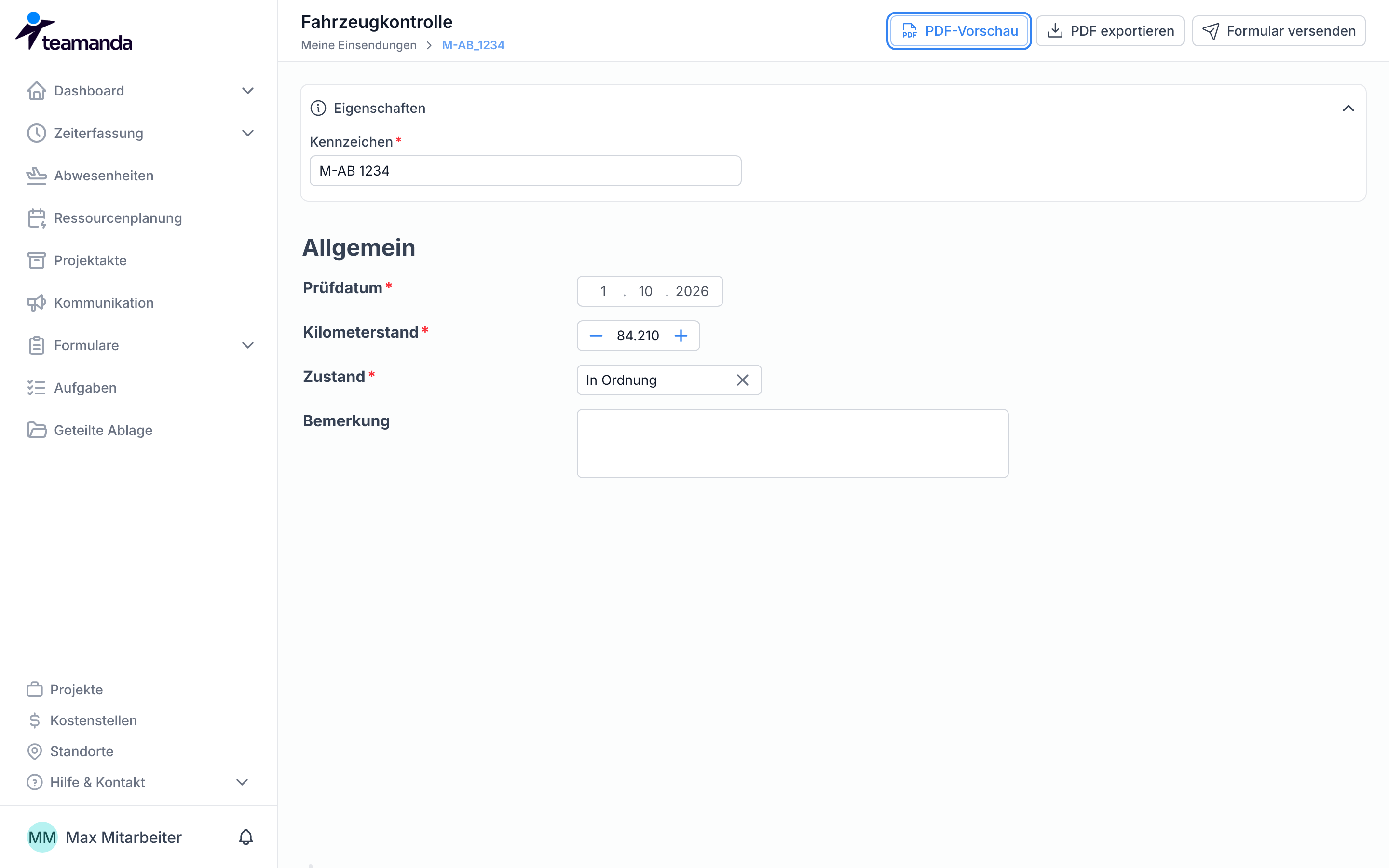 Die geöffnete Einreichung mit den Schaltflächen PDF-Vorschau, PDF exportieren und Formular versenden oben rechts