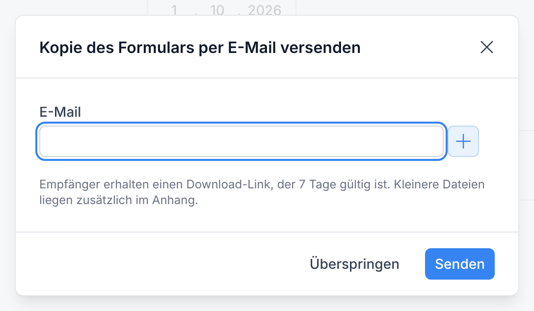Das Fenster Kopie des Formulars per E-Mail versenden mit dem leeren Feld E-Mail