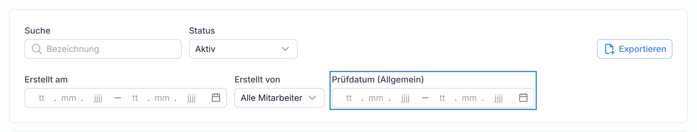 Die Filter der Einreichungen mit dem Datumsfeld der Vorlage