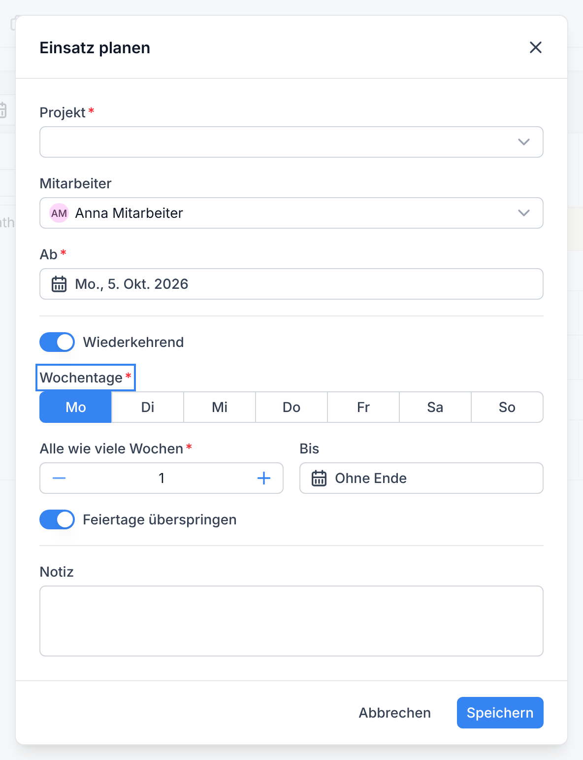 Der Dialog Einsatz planen mit eingeschalteter Option Wiederkehrend