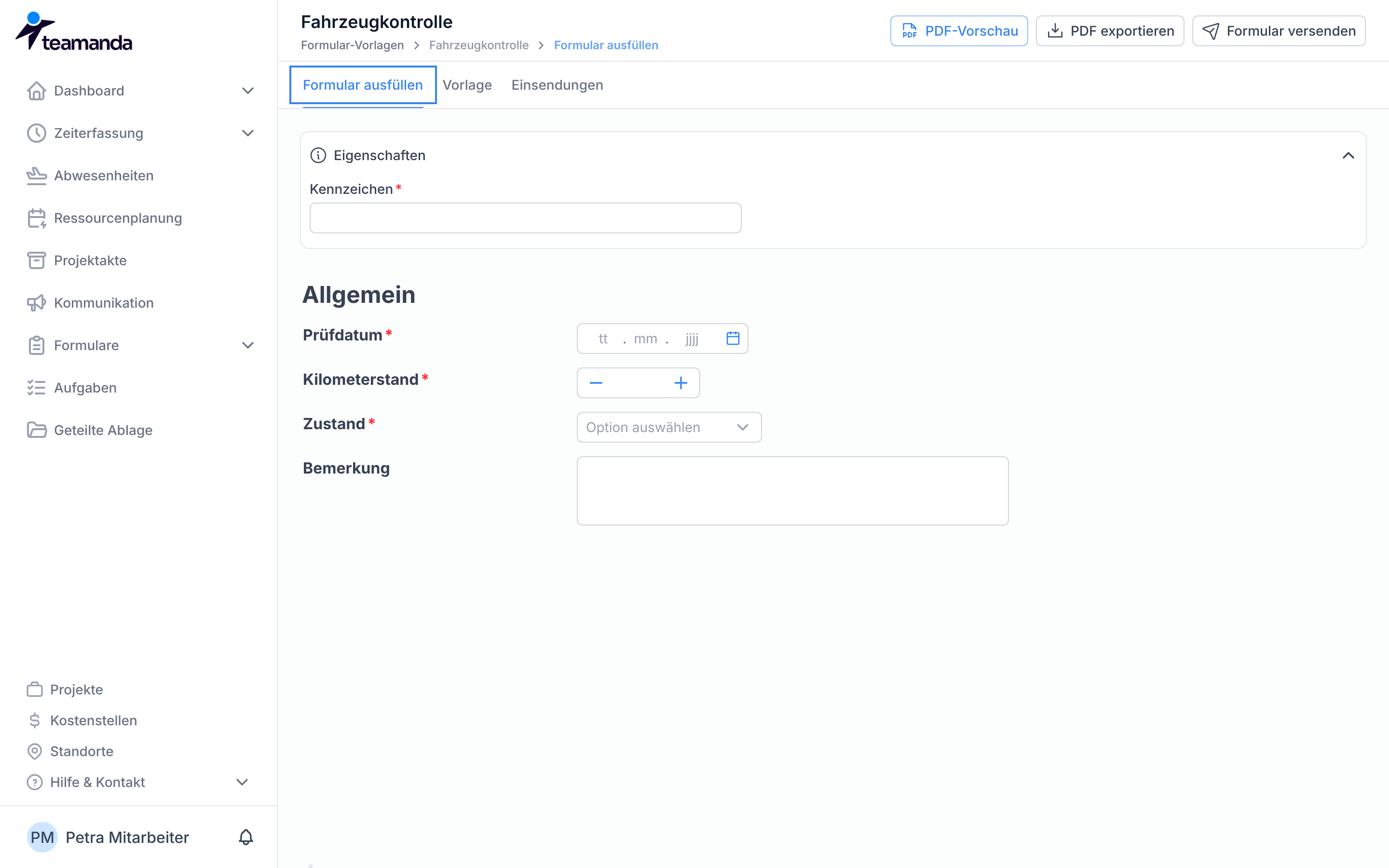 Die geöffnete Vorlage mit den Tabs Formular ausfüllen, Vorlage und Einsendungen